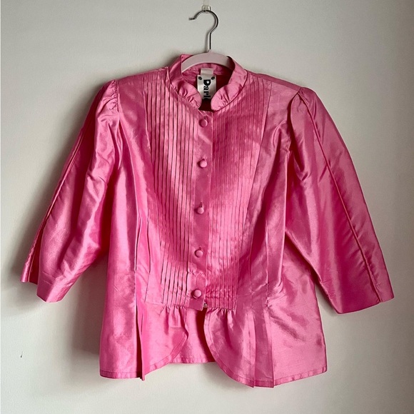 Vintage Pink 100% Thai Silk Shirt w/ Pleats and Ruffles - Picture 4 of 7
